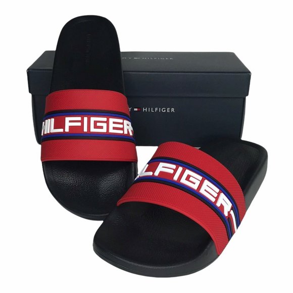Tommy Hilfiger Mens ETTO Pool Slides Size 10Black Blue Red Slip on